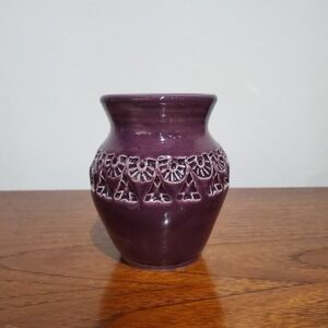 cma handmade art pottery‎ small purple vessel vase w/ geometric design 4.5" tall